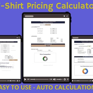 May include: Three digital tablets displaying a T-Shirt Pricing Calculator on a blue background. The text "T-Shirt Pricing Calculator" and "EASY TO USE - AUTO CALCULATIONS" are visible. The calculator includes cost analysis and price composition charts.
