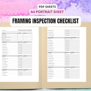 Pode incluir: Uma pasta bege com uma lista de verificação de inspeção de estrutura. A lista de verificação inclui seções para revisão, local geral, materiais, fundação, estrutura da parede, aberturas e degraus do piso. O texto "PDF Sheets" e "A4 Portrait Sheet" estão no topo.