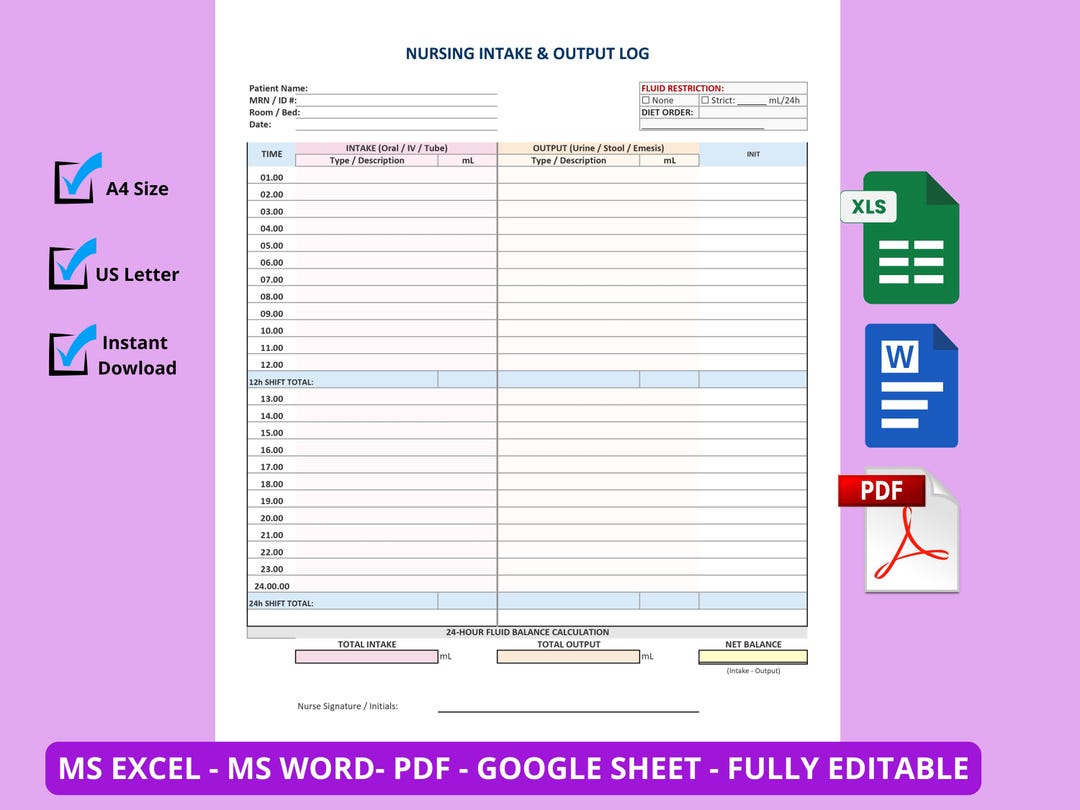 Fluids Intake and Output Record | Printable Nursing Iando Log ...