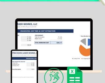 May include: A digital display of a laser engraving pricing calculator. The screen shows a job summary with time and cost estimations. A tablet displays similar information. The word "EASY" is in the image.