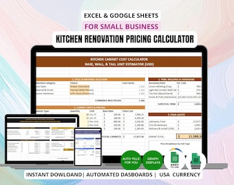 Preisgestaltungsrechner für Küchenrenovierungen | Einfacher Kostenschätzer für Excel und Google Sheets für das Budget für die Küchenumgestaltung