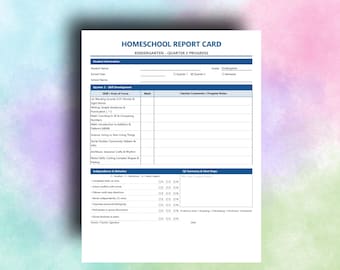 Kindergarten Homeschool Q1-Q4 - Report Card Template | Editable, Printable (PDF DOC)