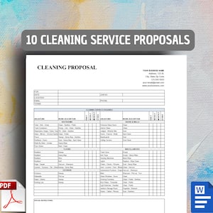 May include: A document titled "Cleaning Proposal" with a checklist for cleaning services. The document includes sections for restrooms, floors, and exterior cleaning. The image also includes a PDF and Word document icon.