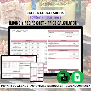 May include: A digital display of baking and recipe cost and price calculator spreadsheets on a laptop, tablet, and phone. The text on the screen shows a red velvet cake recipe with ingredient costs. The image also includes the text "EXCEL & GOOGLE SHEETS For Small Business".