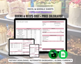 Calculatrice du coût d'une recette de pâtisserie | 11 recettes de gâteaux, feuille de calcul des prix (Excel - Google Sheets)