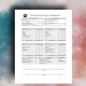 May include: Official high school transcript on white paper with black text. The document includes student and school information, course grades, and a summary. The document is against a colourful, blurred background.
