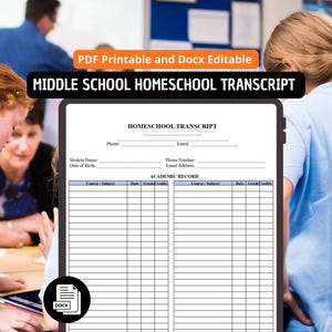 May include: A digital homeschool transcript template with the text "MIDDLE SCHOOL HOMESCHOOL TRANSCRIPT". The document includes fields for student information and an academic record. The image shows students and teachers in a classroom setting.
