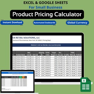 May include: A product pricing calculator displayed on a computer screen and a laptop. The calculator is designed for small businesses, with features including instant download and automated dashboards. The spreadsheet shows product cost, pricing, and profit.