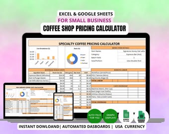 Calculadora de precios de cafeterías en Excel / Hoja de cálculo de ingredientes, recetas, costos y ganancias / Herramienta para calcular costos de menús de cafeterías / 6 modelos de cafeterías de EE. UU.