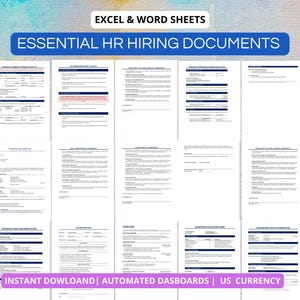 May include: A collection of HR hiring documents, presented as Excel and Word sheets. The image features multiple white documents with blue headers and text, arranged against a colorful background. Text includes "ESSENTIAL HR HIRING DOCUMENTS".