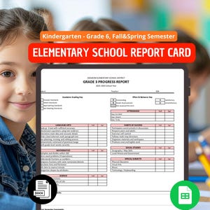 May include: A young girl smiles next to a report card. The report card is for Grade 3, with sections for Language Arts, Mathematics, Science, and Special Subjects. The report card is labeled "Elementary School Report Card."