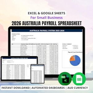 May include: A digital display of an Australia payroll spreadsheet for 2026, designed for small businesses. The image shows the spreadsheet on a laptop, tablet, and phone. The spreadsheet includes employee details, gross pay, and tax information. The image also includes the text "Excel & Google Sheets" and "Instant Download".
