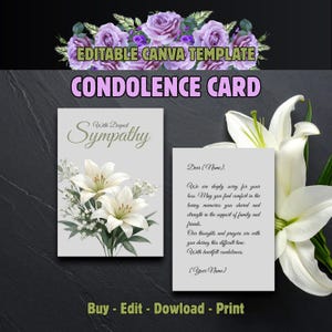 Puede incluir: Plantilla de tarjeta de condolencia con lirios blancos y la frase "With Deepest Sympathy". La tarjeta incluye texto editable y las palabras "Buy - Edit - Download - Print".