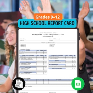 Op de afbeelding: Een middelbare schoolrapport met de tekst "Grades 9-12 HIGH SCHOOL REPORT CARD" wordt getoond voor een groep leerlingen. Het rapport bevat secties voor aanwezigheid, cursustitels en cijfers. Een DOCX-pictogram en een spreadsheetpictogram zijn ook zichtbaar.