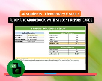 Grade 6 Automatic Gradebook with Student Report Cards | Editable Excel Teacher Planner (Digital Download)