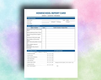 Grade 1 Elementary Homeschool Q1-Q4 - Report Card Template | Editable, Printable (PDF DOC)