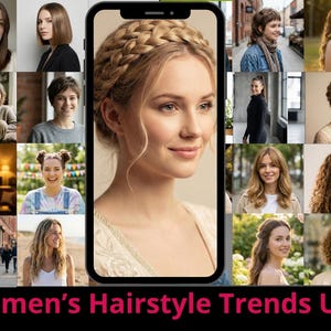 May include: A collage of women with various hairstyles, including bobs, braids, and curls. The image features a phone screen displaying a woman with a braided crown hairstyle. Text at the bottom reads "Women's Hairstyle Trends USA."