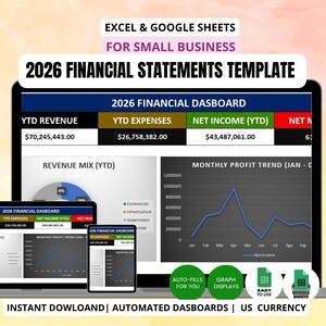 May include: A digital financial dashboard template for small businesses, showcasing 2026 financial statements. The display includes revenue, expenses, and net income data, along with revenue mix and monthly profit trends. The template is compatible with Excel and Google Sheets.