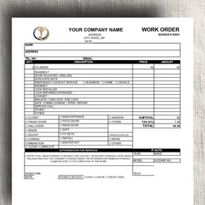 May include: A printed work order form with a company logo at the top. The form includes fields for customer information, service descriptions, prices, and authorisation. The invoice number is 00001.