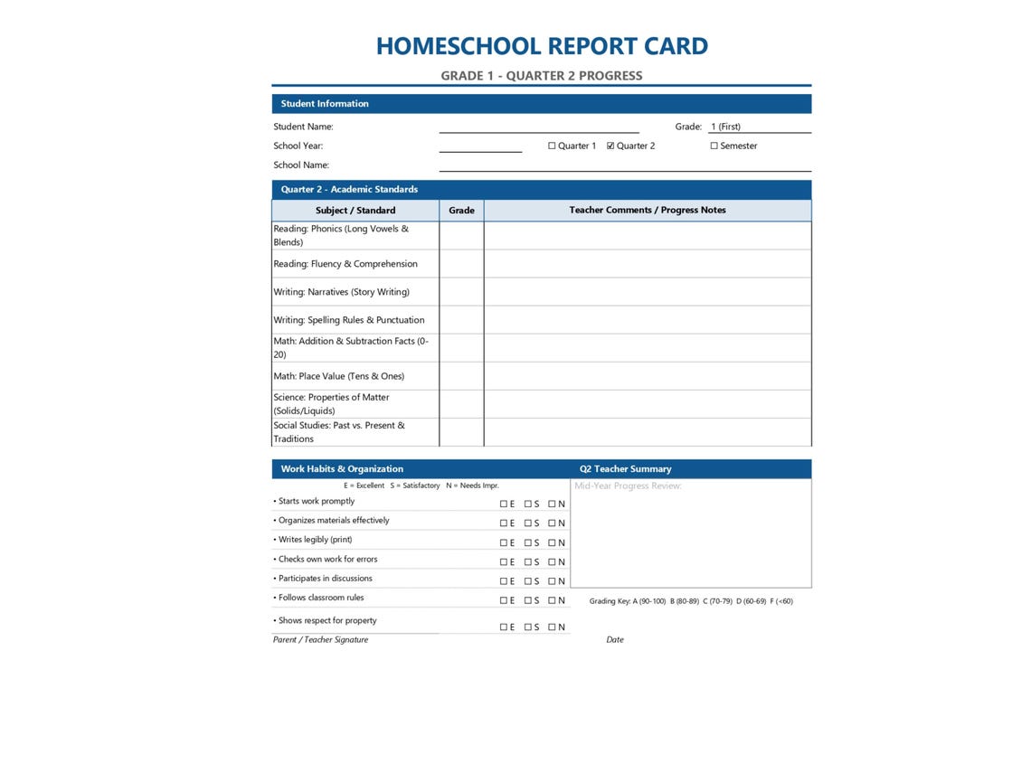 Grade 1 Elementary Homeschool Q1-Q4 - Report Card Template | Editable ...