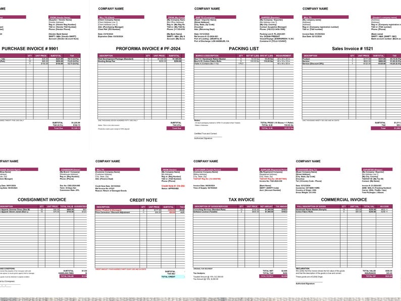 Invoice Template Bundle – Auto-sum Excel & Word, 8 Type Small Business ...