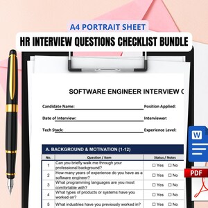 以下が含まれることがあります： 黒と金のペンが、「HR Interview Questions Checklist Bundle」というタイトルのチェックリストが付いたクリップボードの隣に置かれています。 チェックリストは、ソフトウェアエンジニアの面接用です。