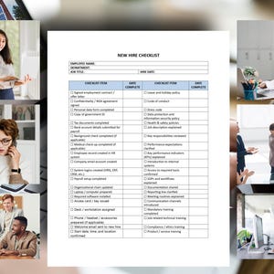 Könnte beinhalten: Ein Dokument mit einer Checkliste für neue Mitarbeiter mit Kontrollkästchen, Mitarbeiterinformationen und einer Aufgabenliste. Das Dokument ist umgeben von Bildern von Menschen, die in einer Büroumgebung arbeiten.