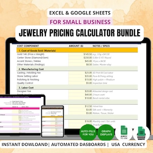 May include: A laptop, tablet, and smartphone display a jewelry pricing calculator bundle. The screens show cost components, amounts, and notes. The text includes "Excel & Google Sheets," "For Small Business," and "USA Currency."