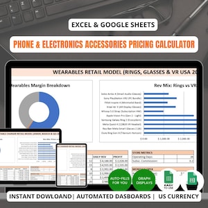 Può includere: Un display digitale che mostra l'analisi dei dati finanziari per accessori per telefoni ed elettronica. Lo schermo mostra grafici e tabelle con il testo "PHONE & ELECTRONICS ACCESSORIES PRICING CALCULATOR".