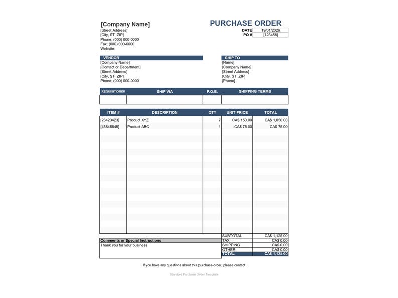 Canada Purchase Order Template | 9 Types for Small Business - CAD ...