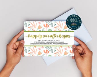 Druckbare Hochzeit Glückwunschkarte, Happily Ever After beginnt Karte, Floral Jungvermählten Grußkarte, Karte für paar, digitaler Download