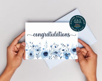 Moderne minimalistische Glückwünsche zur Hochzeit | Blau Blumenmuster (Digital Download)