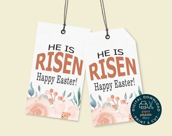 He Is Risen Easter Gift Tags Printable – Christian Tags for Easter Baskets, Party Favors, Religious Spring Tag – Instant Download