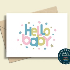 Afdrukbare Hallo Baby Card, Nieuwe Baby Instant Download Card, Wenskaart