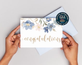 Herzlichen Glückwunsch Grußkarte | Elegante Blumendruck-Karte | Sofortiger digitaler Download | Druckbare Hochzeit, Verlobung, Neue Karriere Karte