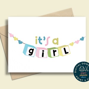 Afdrukbare het is een meisje babykaart, baby shower kaart, nieuwe baby, Instant Download kaart, wenskaart