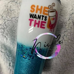 Custom Donuts tumbler cup // white // sparkle // glitter // coffee // She wants the D