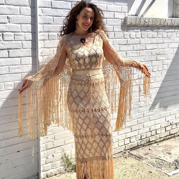 1970's Vintage Silk Crochet Maxi Dress