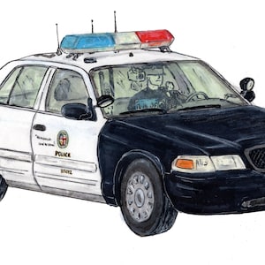 May include: A white and black Los Angeles Police Department patrol car with a red and blue light bar on the roof. The car has a number plate that reads "999001".