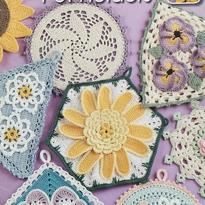 Vintage 11 virkmönster för blommiga grytlappar - Vintage köksinredning (digital PDF-nedladdning)