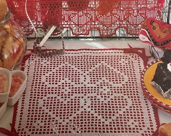 Patrón de crochet para centro de mesa y ribete de filete de corazón de 2 piezas - Tapete de encaje vintage