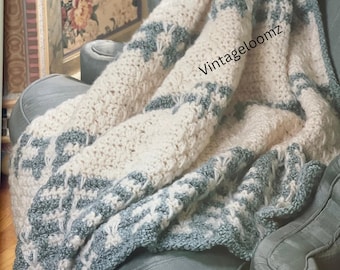Patrón de crochet vintage: Manta de crochet a rayas color espuma de mar: Manta afgana de hilo esponjoso (PDF digital)
