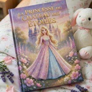 Peut inclure: Un livre pour enfants intitulé "LA PRINCESSE DU CHÂTEAU DES ÉTOILES" avec une princesse en robe rose et bleue. La couverture montre un château et des fleurs. Un lapin en peluche, un train en bois et un ours en peluche sont à proximité.