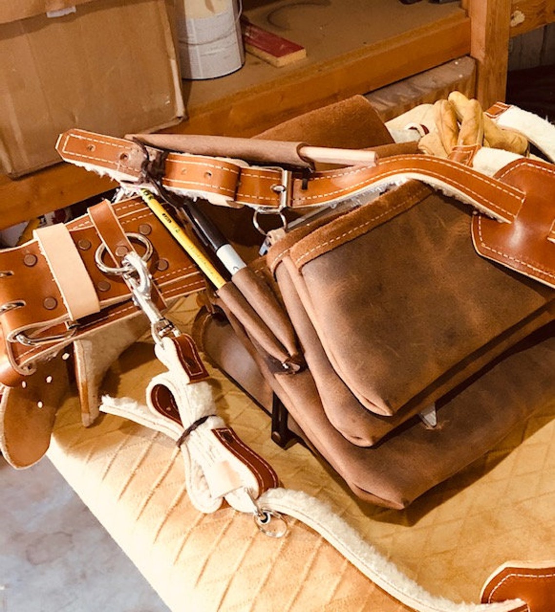 Custom leather tool belt with padded leather suspenders. Etsy