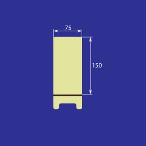 May include: A light yellow rectangular sign with a brown base and rounded corners. The sign is 75 inches wide and 150 inches tall.