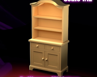 Miniature Kitchen Cabinet 1:12 Scale Dollhouse Furniture, Commercial Printable 3D STL File, Mini Kitchen Shelf Kitchen Hutch Display Cabinet