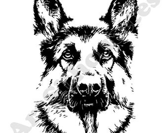 Puede incluir: Ilustración en blanco y negro de línea de arte de la cabeza de un perro pastor alemán. El perro está mirando directamente al espectador con una expresión seria.
