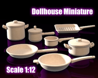 Miniature Cookware Set STL, Dollhouse Kitchen Accessories, 1:12 Scale Pots and Pans, Frying Pan, Wok, Grill Pan, Stock Pot, Saucepan