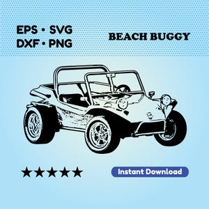 May include: Black and white silhouette of a beach buggy. The buggy has a roll cage, a steering wheel, and a single seat. The buggy is on a light blue background with white polka dots.