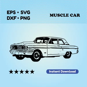 Könnte beinhalten: Schwarz-Weiß-Illustration eines klassischen Muscle Cars auf hellblauem Hintergrund. Das Bild enthält den Text "EPS • SVG, DXF • PNG" und "MUSCLE CAR". Ein Banner lautet "Instant Download".
